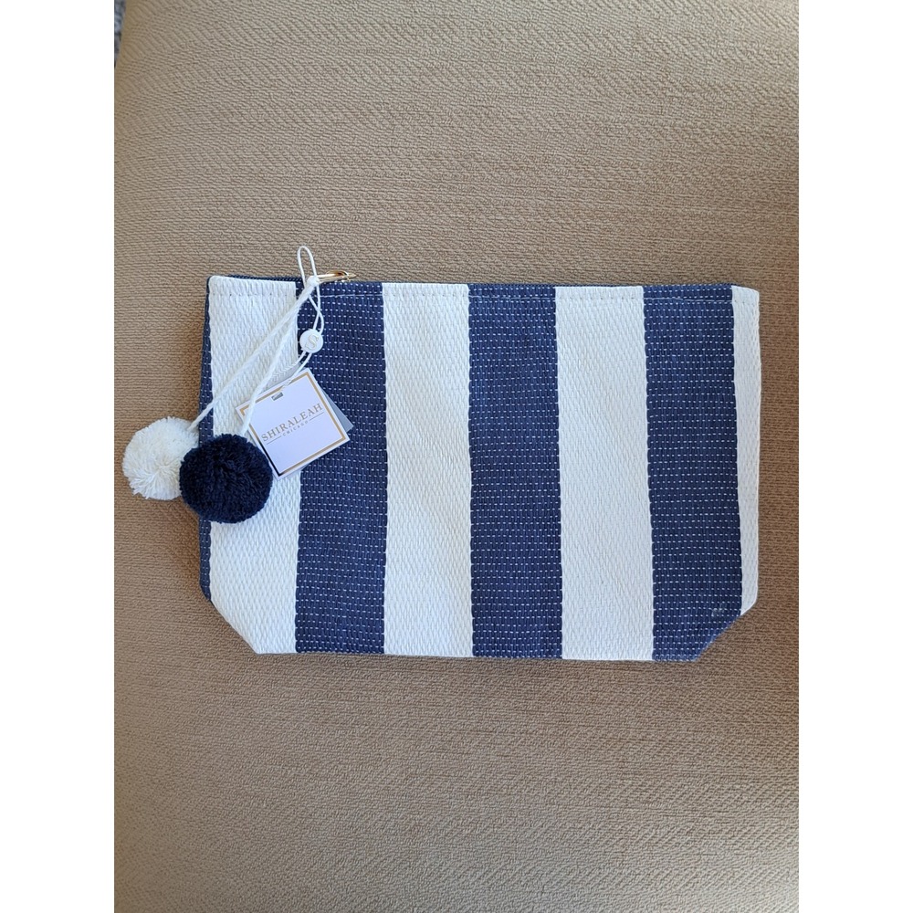 Shiraleah Chicago Navy White Striped Pouch Pom Pom Nautical Makeup Bag New